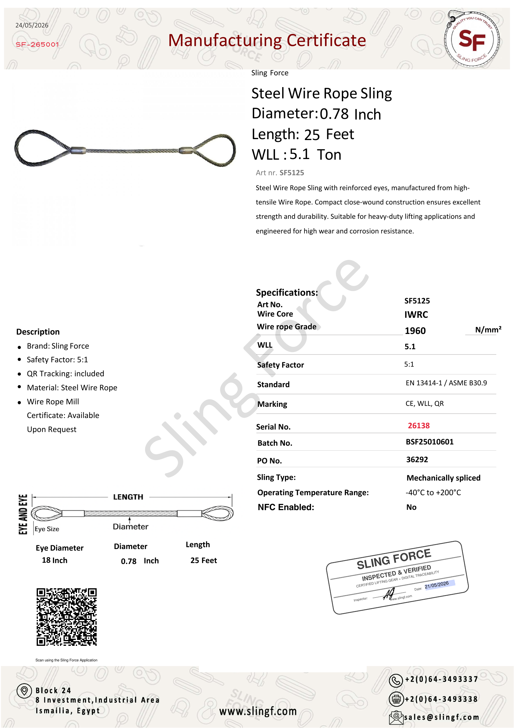 Sling Force Manufacturing Certificate